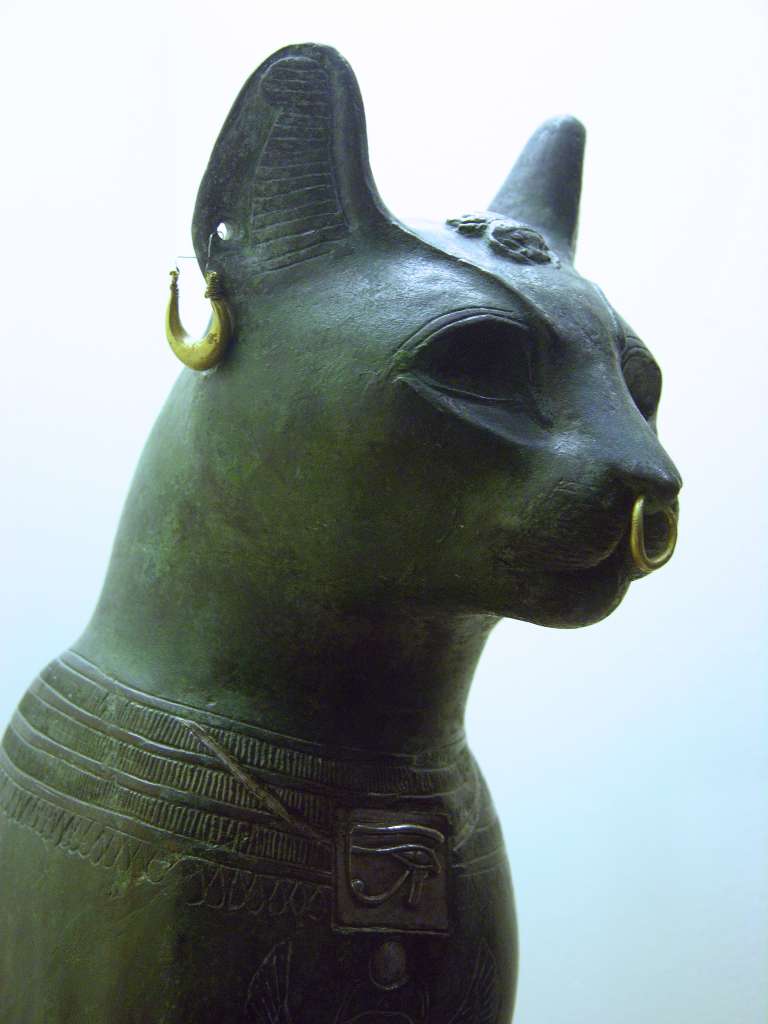 British Museum Top 20 11-2 Gayer-Anderson Cat Close Up 11. Gayer-Anderson Cat � Saqqara Egypt, after 600BC, 42cm high. Here is a close up showing the gold rings, a silvered collar round its neck and a silver protective wedjat eye amulet.